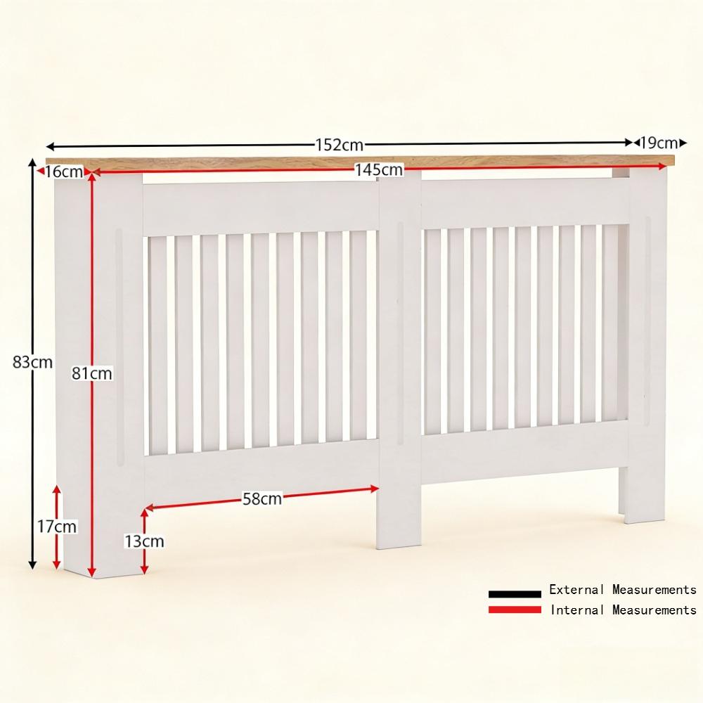 White MDF Radiator Cover with Wood Shelf - White -  Modern Swing-style Vertical Grille Design for Optimal Heat Circulation - Painted MDF Cabinet with Wooden Upper Shelf