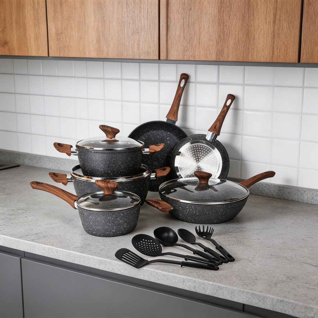 15‑Piece Nonstick Cookware Set – Granite Ceramic Coating for Effortless Food Release & Easy Cleaning, Induction‑Compatible Reinforced Base, Heat‑Insulated Wood‑Grain Handles, Includes 5 Pots, 4 Lids & 6 Utensils – Ideal for Daily Home Cooking