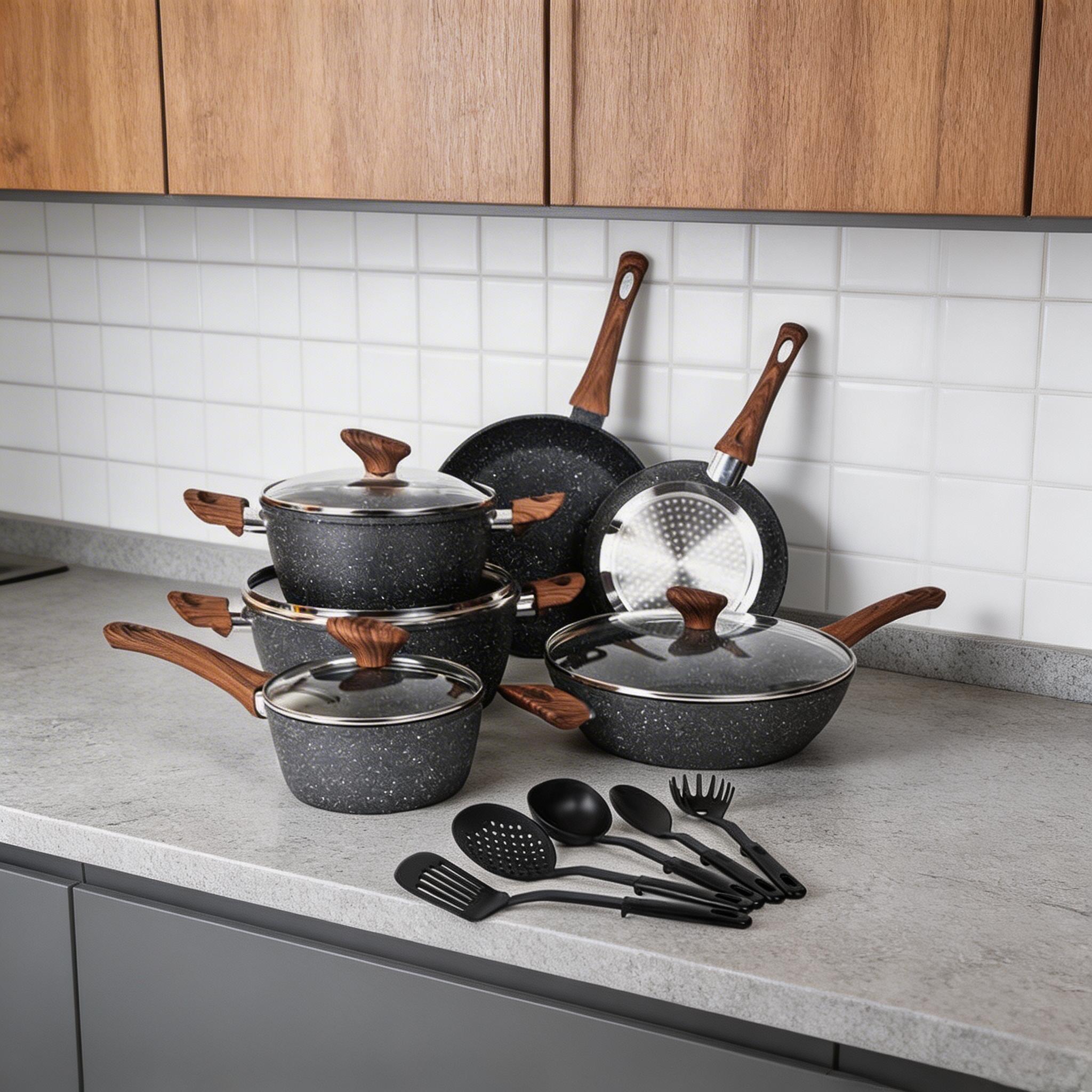 15‑Piece Nonstick Cookware Set – Granite Ceramic Coating for Effortless Food Release & Easy Cleaning, Induction‑Compatible Reinforced Base, Heat‑Insulated Wood‑Grain Handles, Includes 5 Pots, 4 Lids & 6 Utensils – Ideal for Daily Home Cooking
