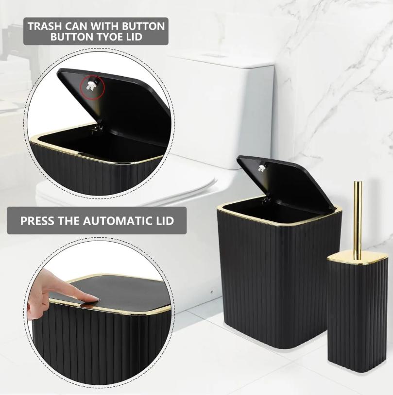 10-Piece Black Gold Bathroom Accessories Set, Complete Bathroom Organizer Kit with Trash Can, Toilet Brush, Toothbrush Holder, Soap Dispenser, Soap Dish, Rinse Cup, Cotton Swab & Cotton Ball Storage Jars for Countertop Decor