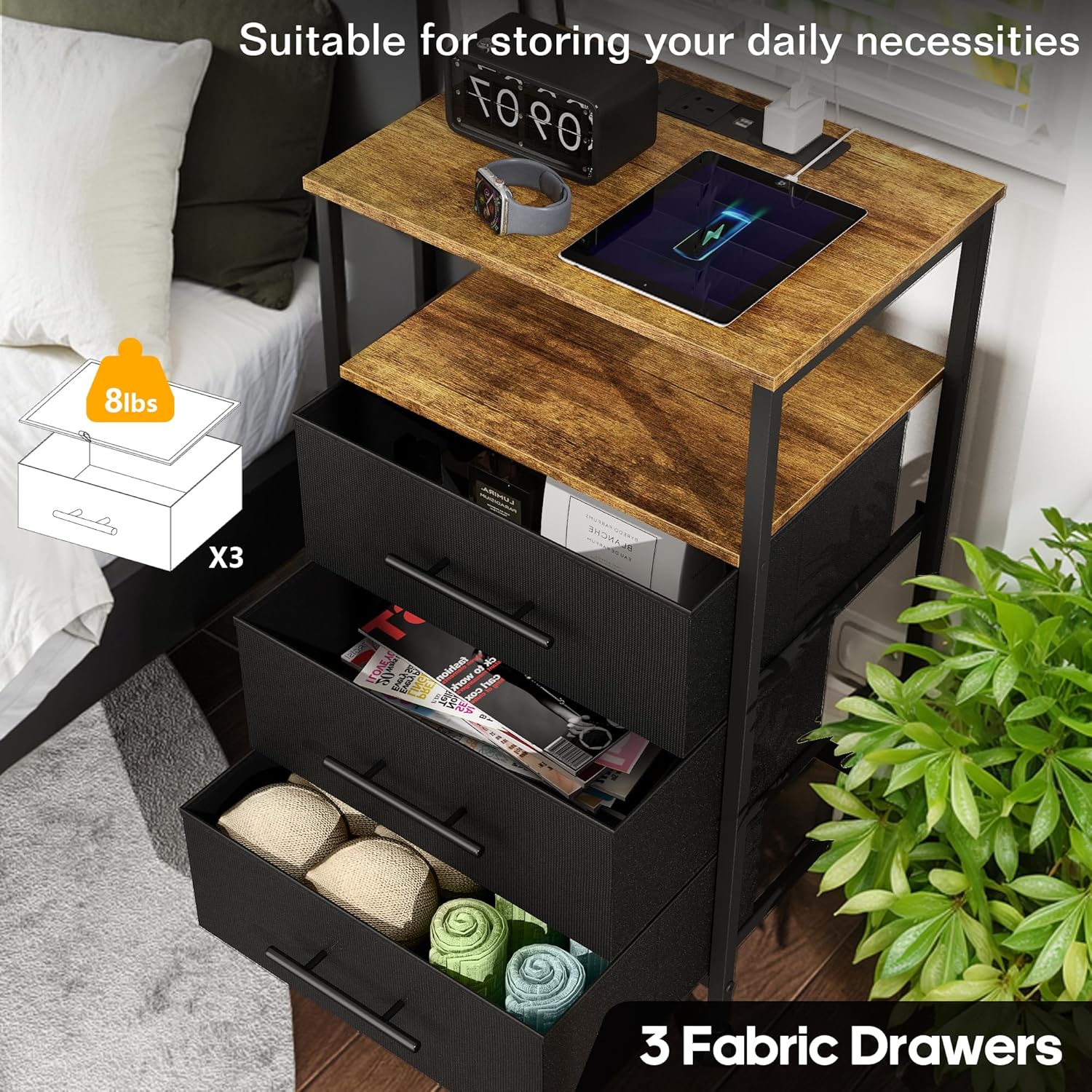 【NS】Bedside Table with Charging Station, Nightstand with 2 Outlets and 2 USB Ports,Sofa Table with 4 Castors Metal Frame and Fabric Drawers, for Bedroom Living Room (3 Drawers)