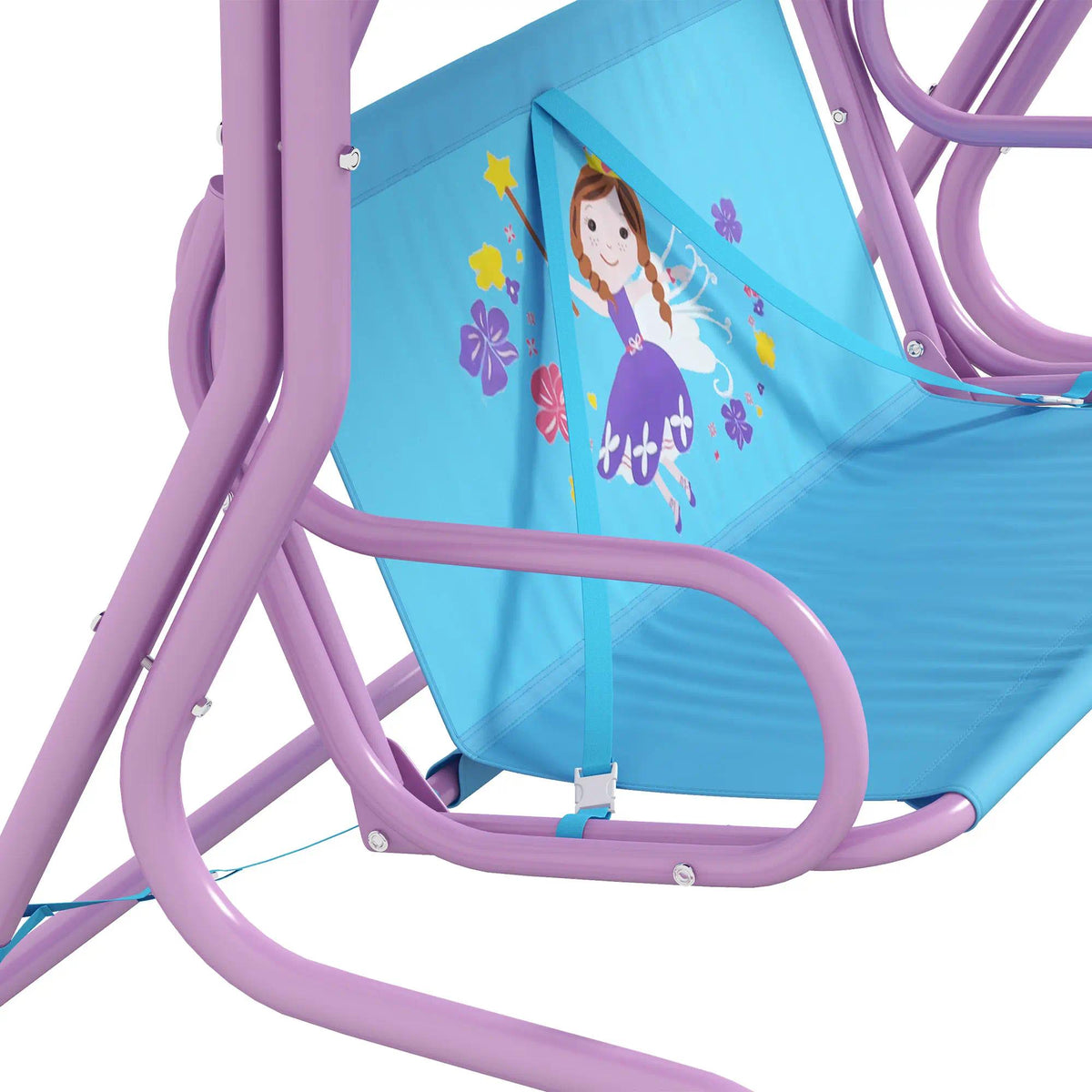 Fairy Themed Double Kids Swing Chair with Adjustable Canopy & Safety Seat Belts, 2-Seat Outdoor Garden Swing Bench for Patio Porch Backyard, Suitable for Boys Girls Ages 3-6 Years