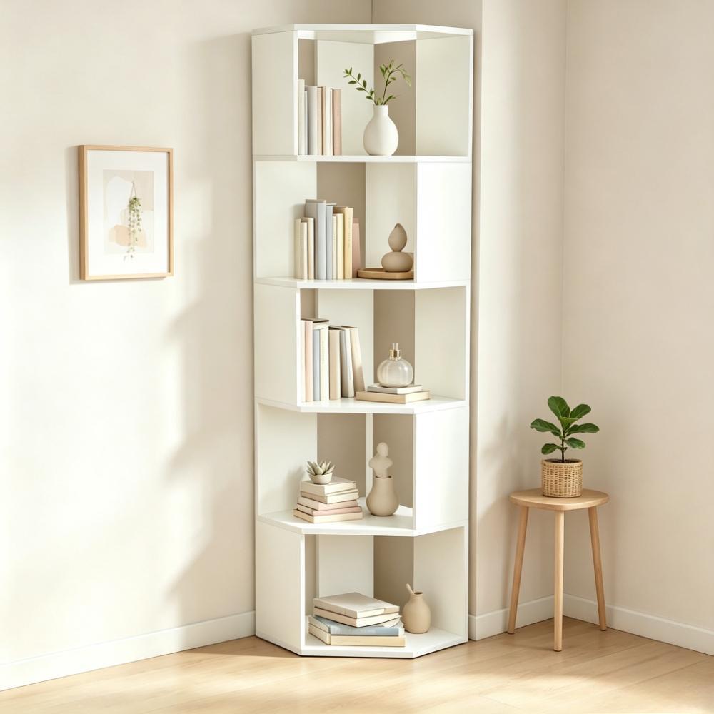 5-Tier Corner Shelf Unit Freestanding Display Rack, Wooden Open Storage Bookcase for Living Room Bedroom Home Office, Space-Saving Tall Narrow Stand, 40x40x159 cm [Plus A Free Gift]
