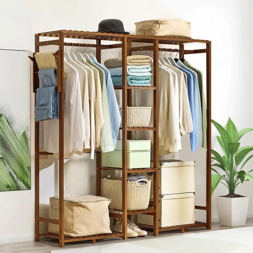 Freestanding Wood Open Garment Rack, Multi‑Storage Clothes Rack with 2 Hanging Rods, Trouser Holder & Multi‑Tier Shelves, Clothing Organizer for Bedroom Entryway Dressing Room