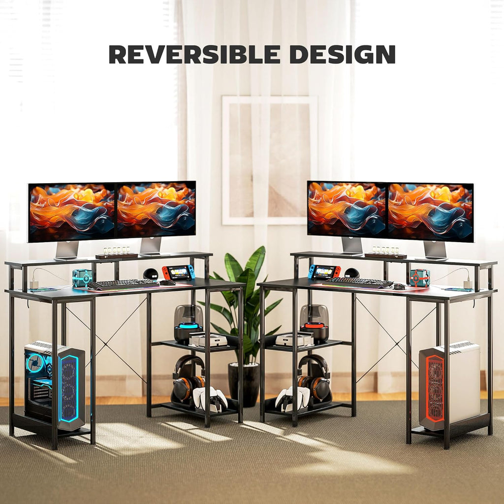 【NS】Computer Desk with Power Outlets and LED Lights, 120 x 50cm Reversible Home Office Desk with Monitor Stand and 2-Tier Storage Shelves, PC Table with Cable Management, Black