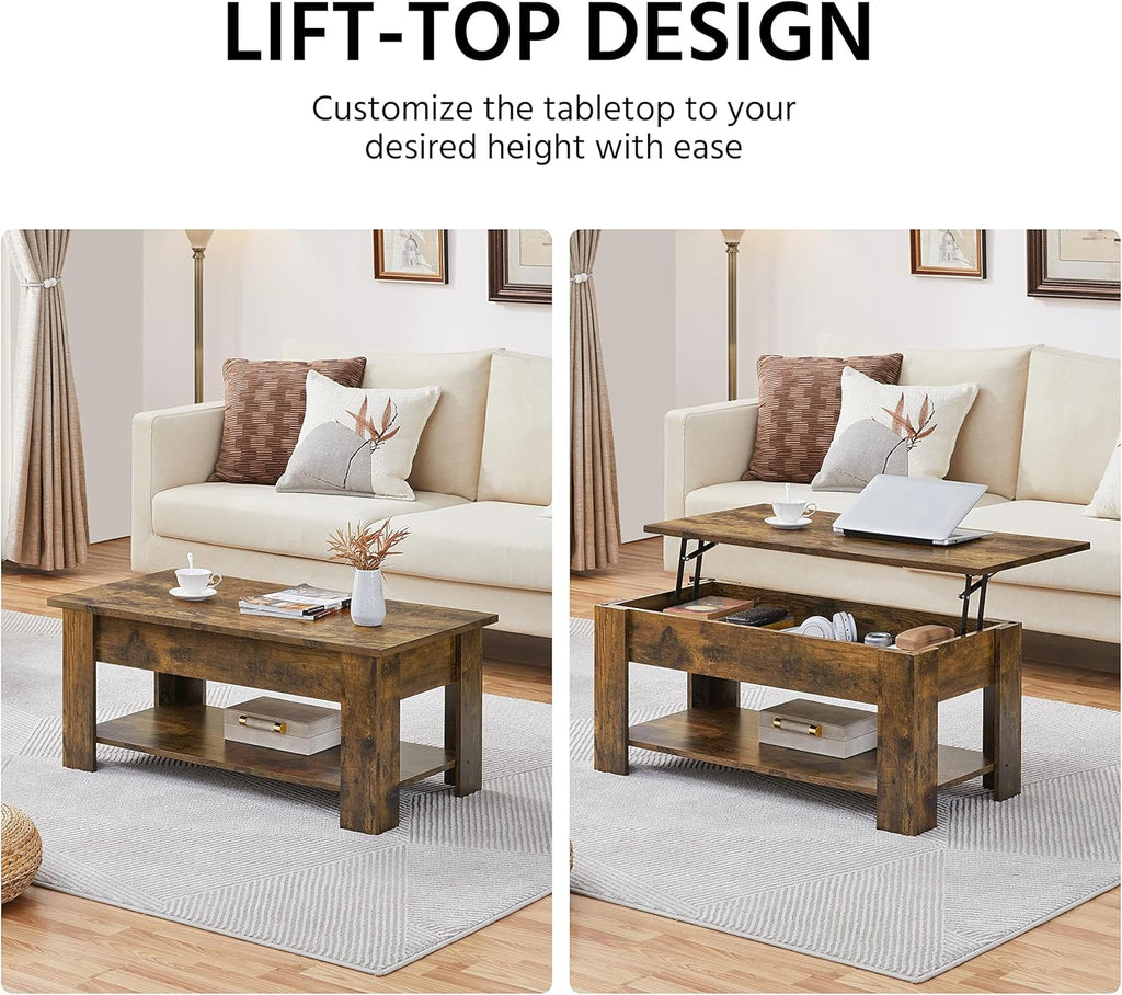 【NS】Lift Up Coffee Table, Wooden Lifting Tea Table with Hidden Storage Drawer and Open Shelf for Living Room/Reception, Rustic Brown, 98x50x(42-56) cm