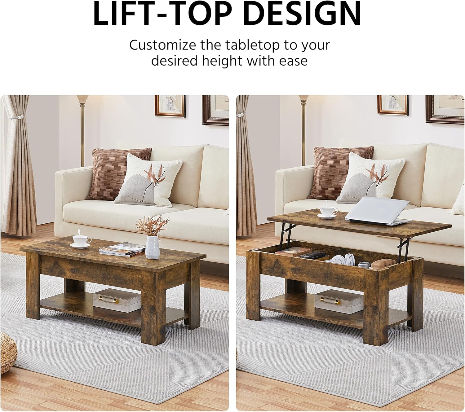 【NS】Lift Up Coffee Table, Wooden Lifting Tea Table with Hidden Storage Drawer and Open Shelf for Living Room/Reception, Rustic Brown, 98x50x(42-56) cm