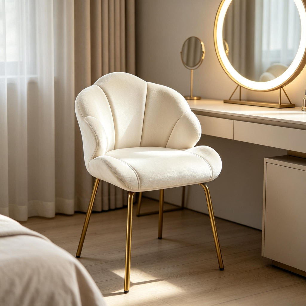 Modern Shell‑Shaped Velvet Vanity Chair, Luxury Upholstered Accent Chair with Golden Metal Legs, Multi‑Purpose Makeup Dressing Side Chair for Bedroom, Living Room, Home Reception