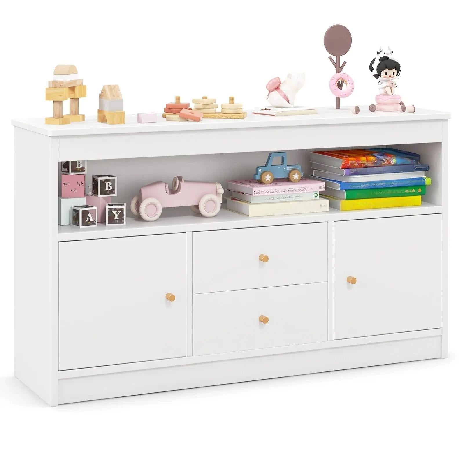 Wooden Kids Toy Storage Organizer, Children’s Bookcase with Open Shelf, 2 Cabinets & 2 Pull‑Out Drawers, Anti‑Tip Toy Books Storage Cabinet for Playroom, Bedroom, Nursery & Daycare`