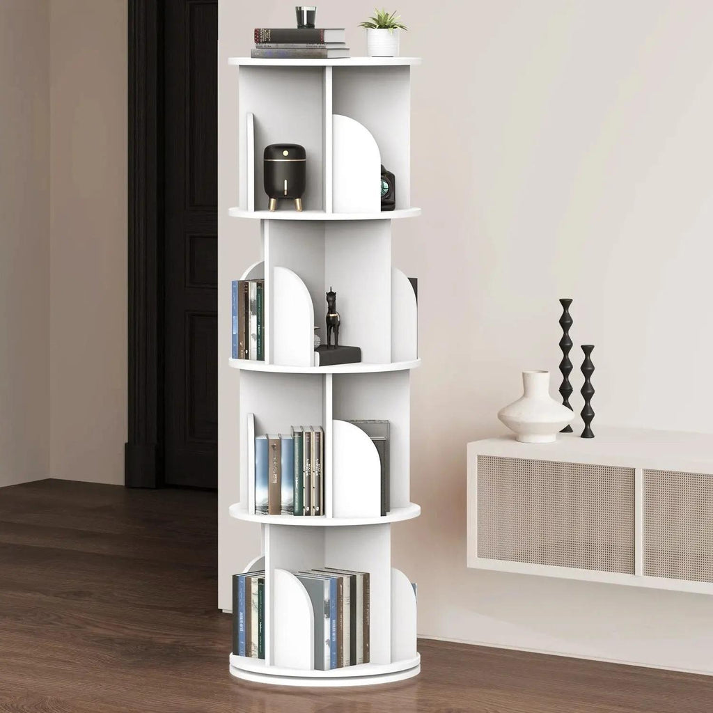 4-Tier 360° Rotating Bookshelf Tower, White Spinning Freestanding Bookcase with Divided Open Storage Compartments, Vertical Rotating Display Shelf Organizer for Bedroom Living Room Study Home Office