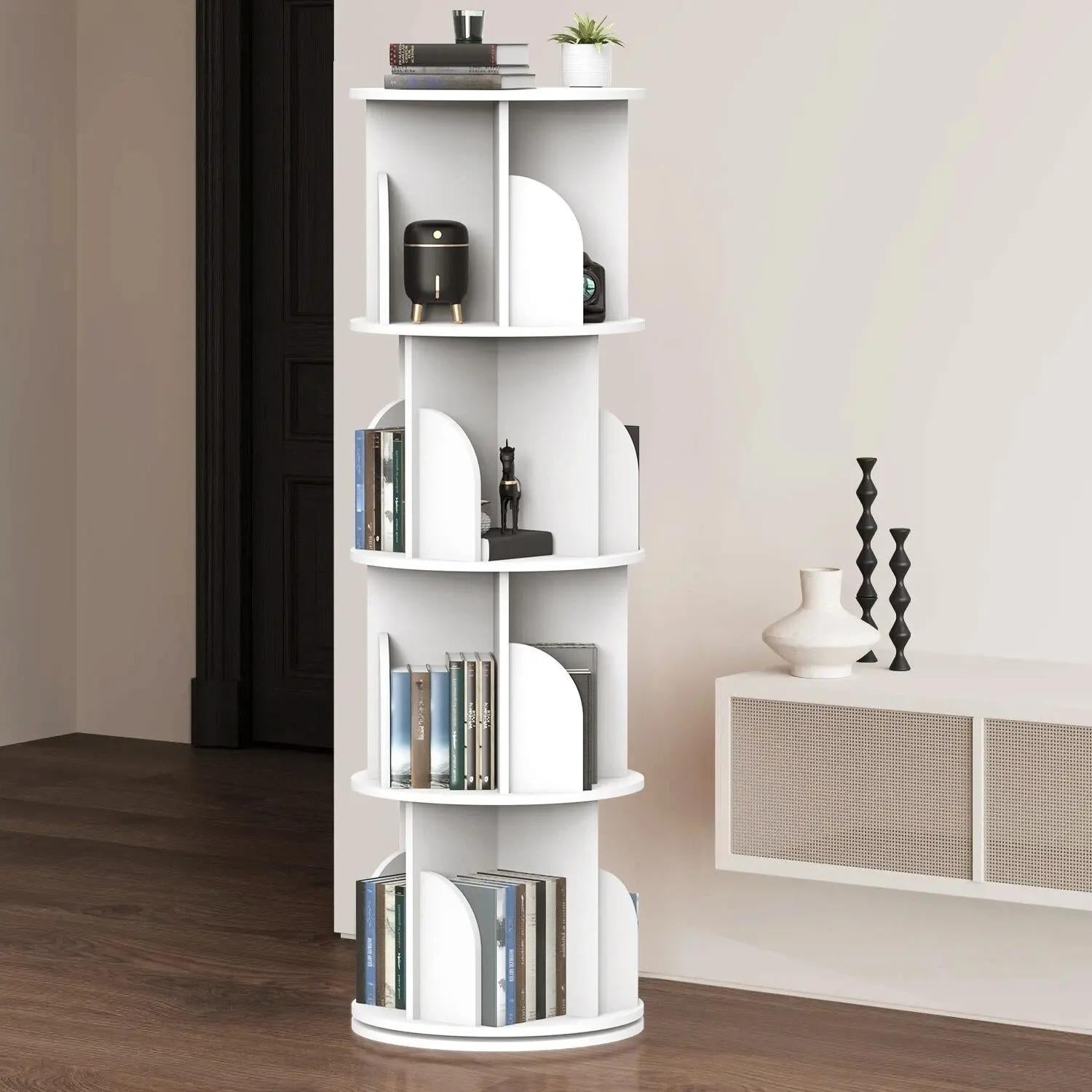 4-Tier 360° Rotating Bookshelf Tower, White Spinning Freestanding Bookcase with Divided Open Storage Compartments, Vertical Rotating Display Shelf Organizer for Bedroom Living Room Study Home Office