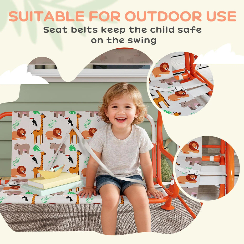 2‑Seater Kids Patio Swing Bench, Orange Weather‑Resistant Swing Chair with Adjustable Canopy & Safety Seat Belts, EN71 Certified Indoor Outdoor Swing Seat for Garden Patio Playroom Backyard
