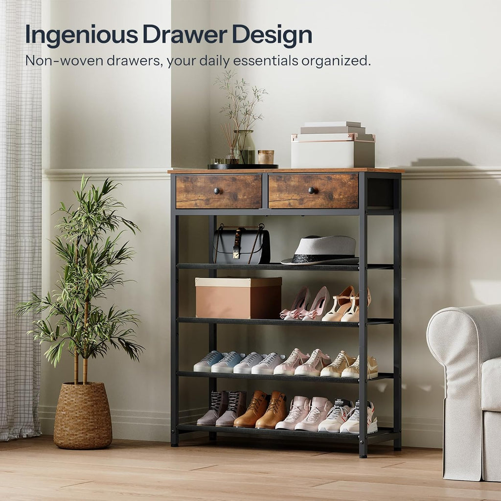 Shoe Rack,  Shoe Storage Organizer with 2 Non-Woven Drawers, 12-15 Pairs of for Entryway, Shelf with 3 Oxford Fabric Shelves and Wooden Top, Closet, Rustic Brown