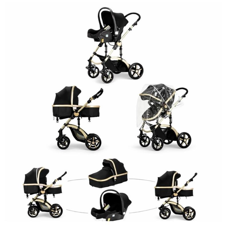 Baby Buggy, Baby Pram, Pushchair, 3 in 1 Travel System, Foldable Stroller, Lightweight Folding All in One Stroller, Portable Baby Carriage for Newborns and Toddlers, Aluminium Frame, Black - Rose Gold