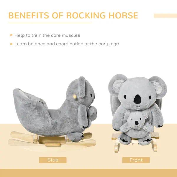 Cute Koala Toddler Rocking Animal Toy, Plush Ride‑On Rocker Chair with Sound & Detachable Puppet, Anti‑Tip Solid Wood Base with Safety Harness for Kids 18‑36 Months, Bedroom Play Gift