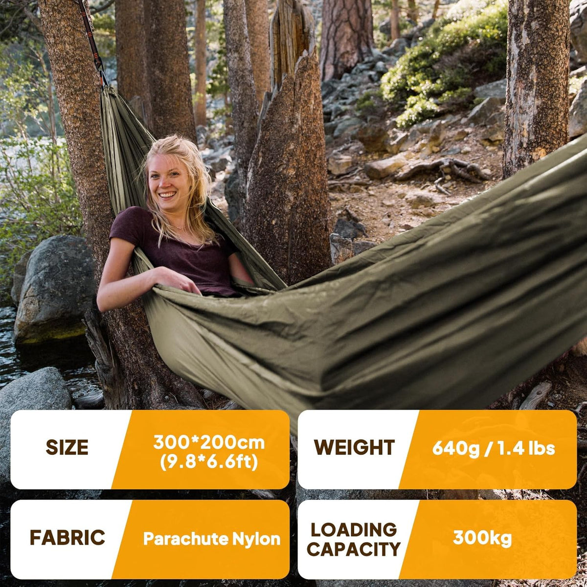 Ultra-Light Travel Camping Hammock | 300kg Load Capacity,(300 x 200 cm) Breathable,Quick-drying Parachute Nylon | 2 x Premium Carabiners,2 x Nylon Slings Included | For Outdoor Indoor Garden