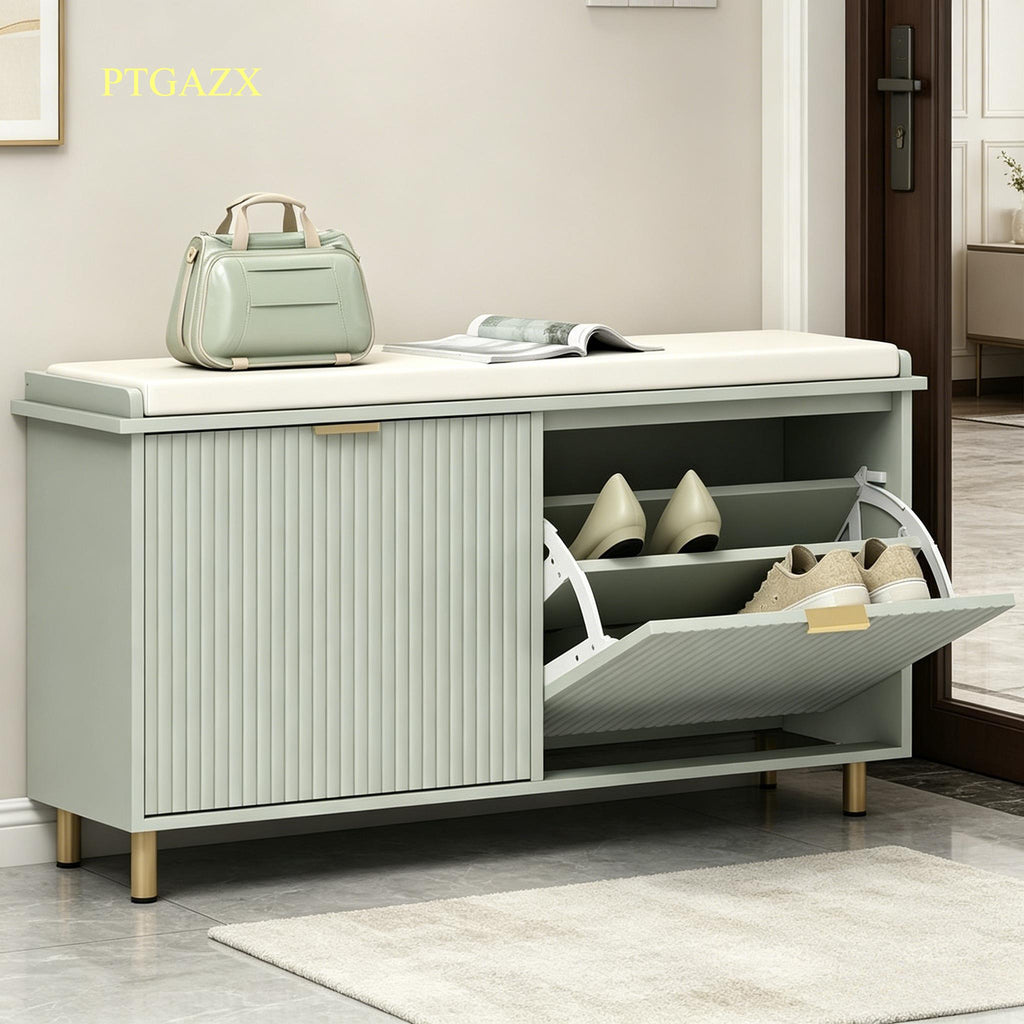 Slim Hallway Shoe Bench with Comfort Padded Linen Seat & 2 Flip-Top Storage Drawers, Heavy Duty Solid Wood Leg Shoe Cabinet Organizer, Anti-Skid Foot Design Narrow Entryway Shoe Storage Bench for Apartment Porch Home