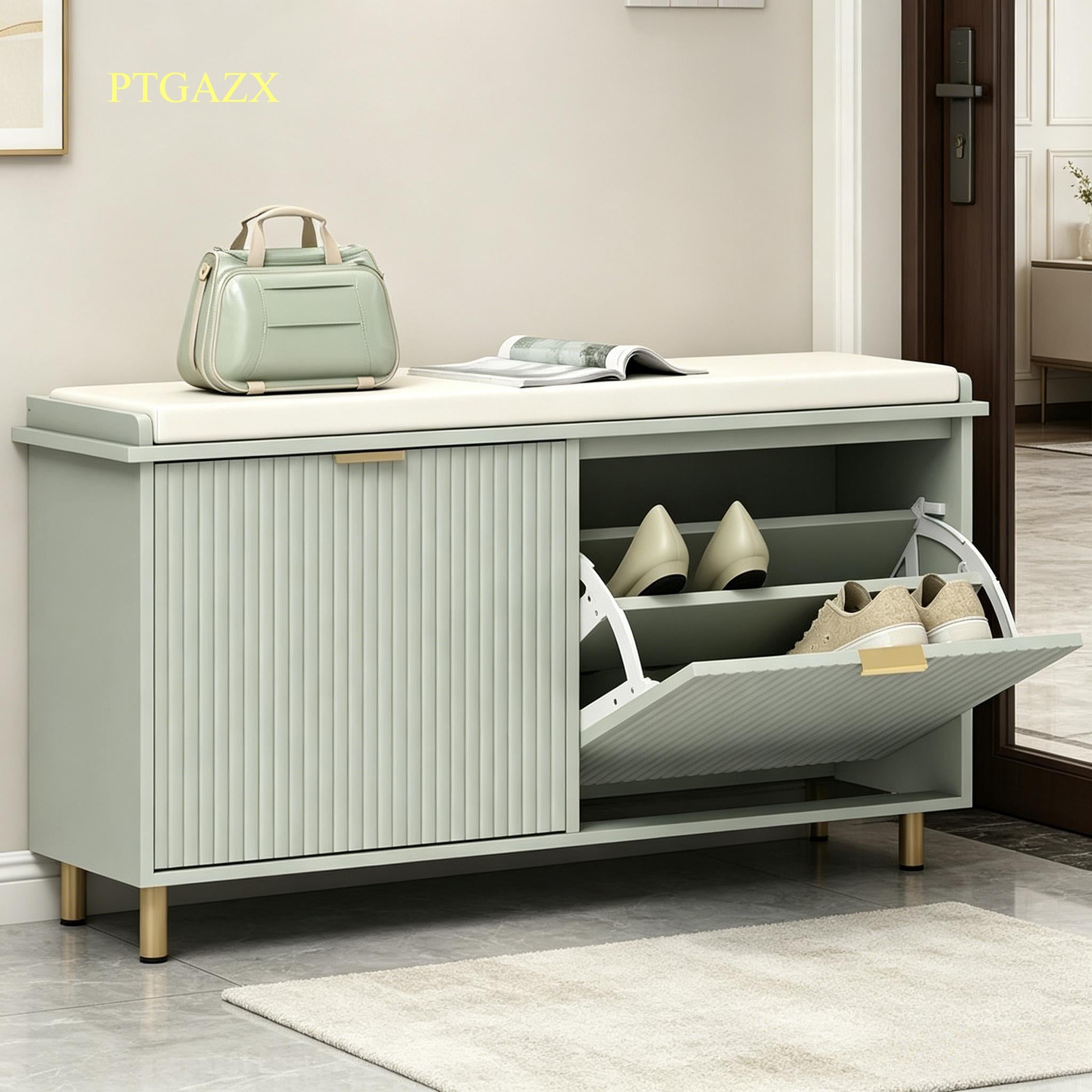 Slim Hallway Shoe Bench with Comfort Padded Linen Seat & 2 Flip-Top Storage Drawers, Heavy Duty Solid Wood Leg Shoe Cabinet Organizer, Anti-Skid Foot Design Narrow Entryway Shoe Storage Bench for Apartment Porch Home