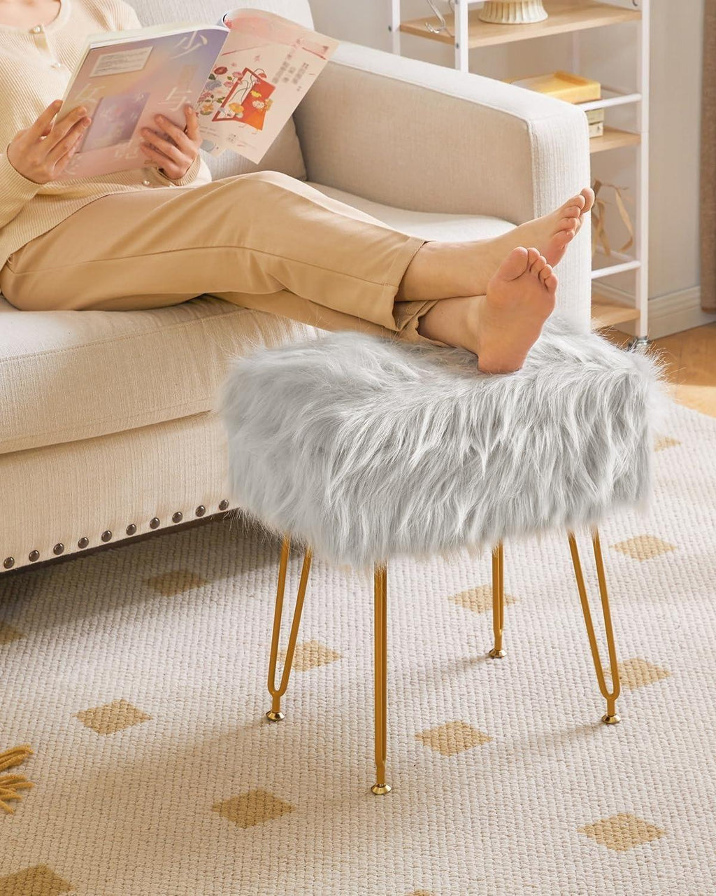 Rectangular Faux Fur Vanity Stool with Storage, Furry Makeup Chair Ottoman, Soft Padded Seat, Round Footrest Footstools with 4 Metal Legs, for Living Room Bedroom Entryway,