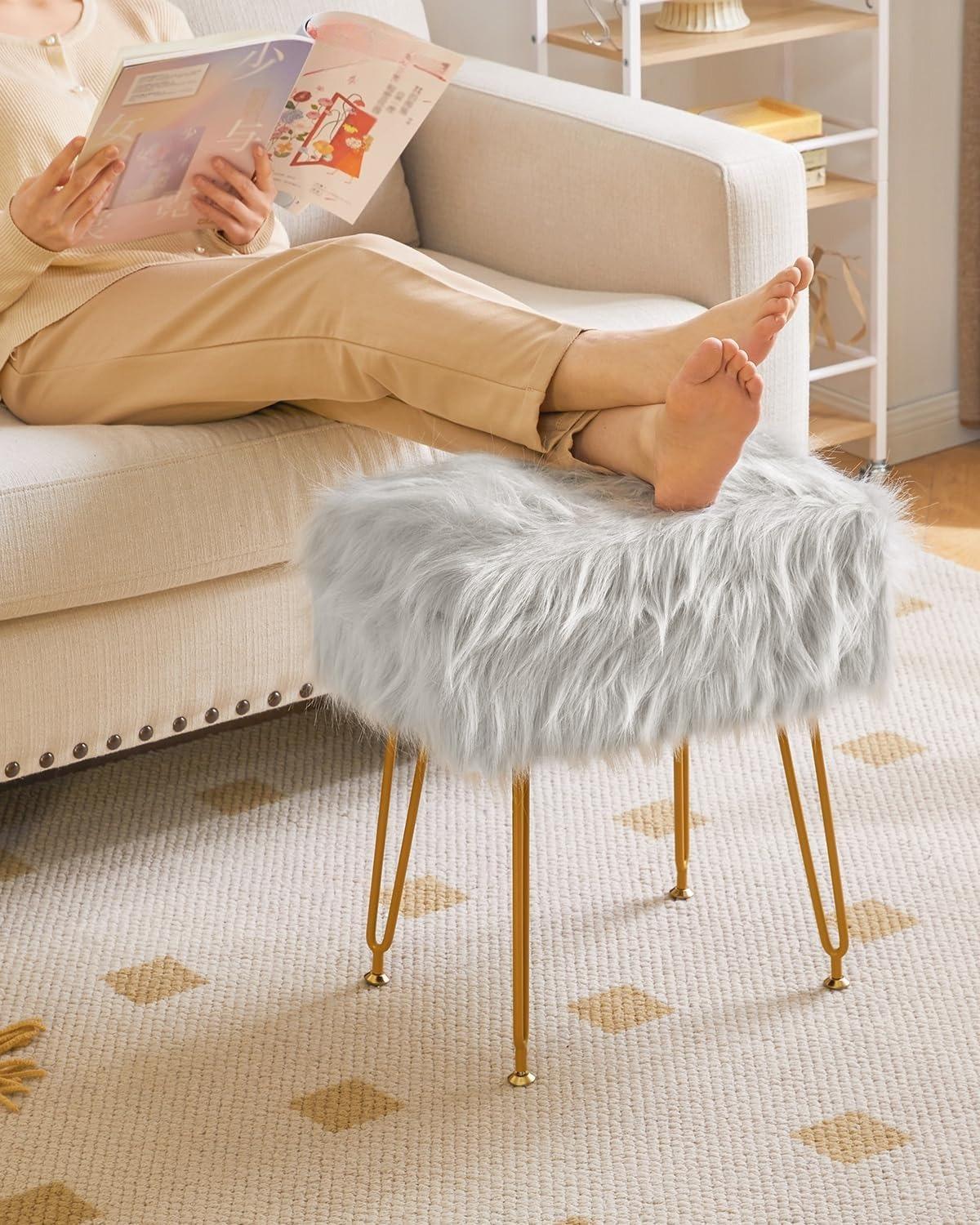 Rectangular Faux Fur Vanity Stool with Storage, Furry Makeup Chair Ottoman, Soft Padded Seat, Round Footrest Footstools with 4 Metal Legs, for Living Room Bedroom Entryway,