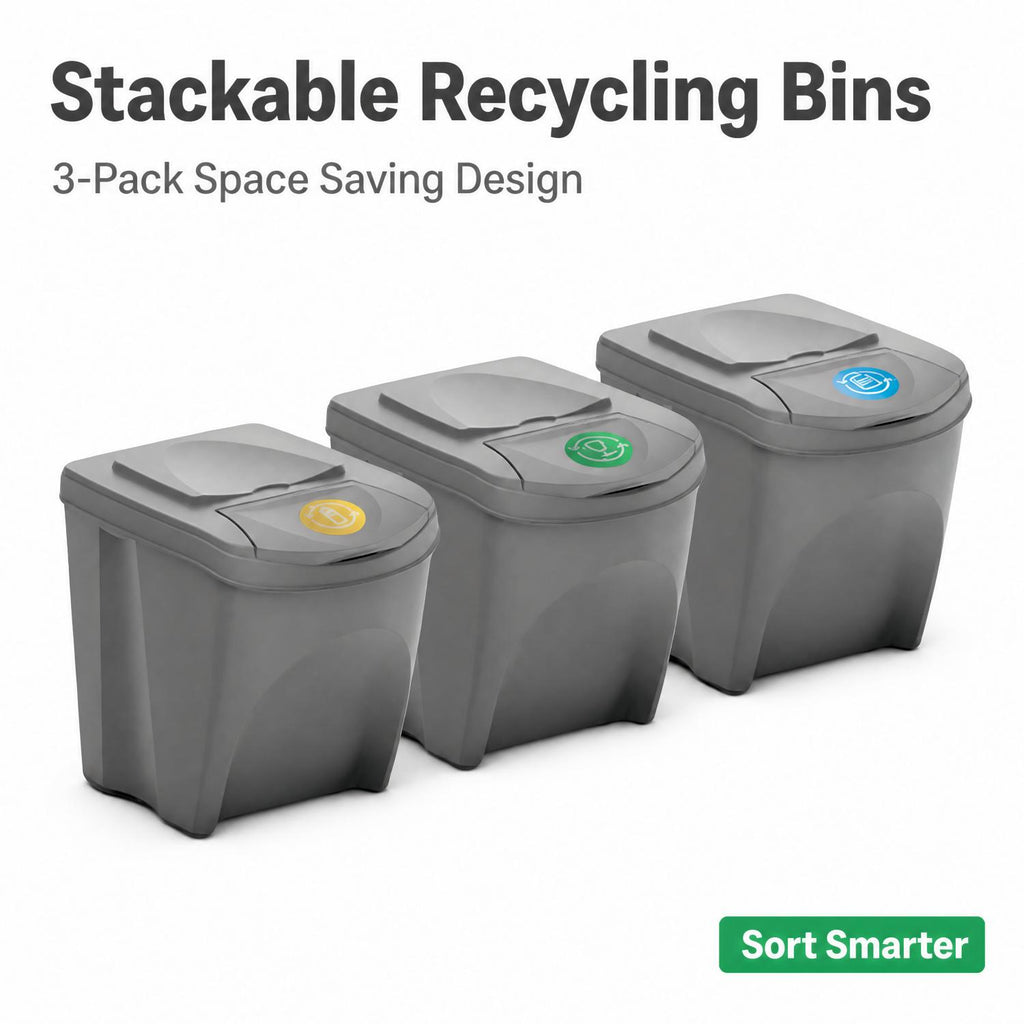 3‑Pack Stackable Recycling Bins – 25L Each with Secure Lids, Colour‑Coded Sticker Labels, Space‑Saving Design for Kitchen, Office, or Garden Waste – Total 75L Storage Capacity in Sturdy Grey Plastic