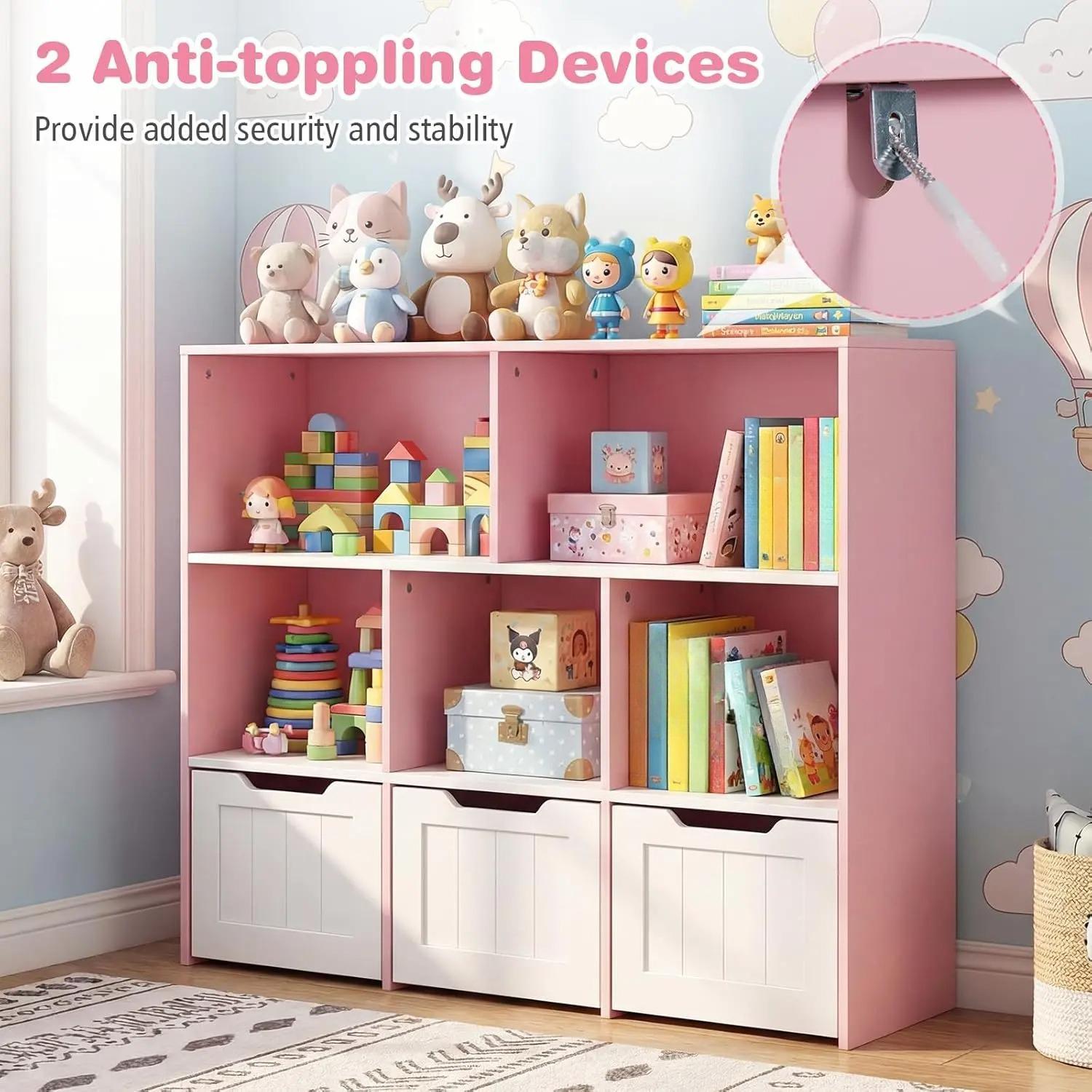 Wooden Kids Toy Storage Organizer Bookcase, 5 Open Cubes with 3 Rolling Wheeled Drawers, Multi‑Purpose Children Storage Cabinet for Playroom Kids Bedroom Nursery