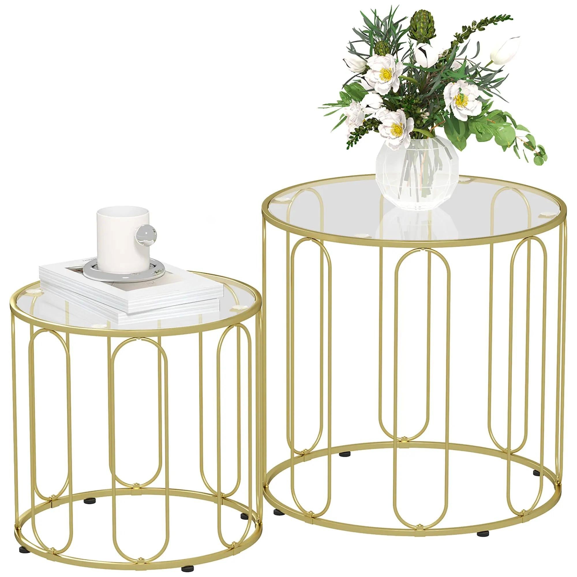 2‑Piece Nesting Coffee Table Set, Round Tempered Glass Side Tables, Gold Tone Sturdy Metal Frame Stacking Tea Table, Modern Decor Nest of Tables for Living Room Bedroom Office Small SpacesW