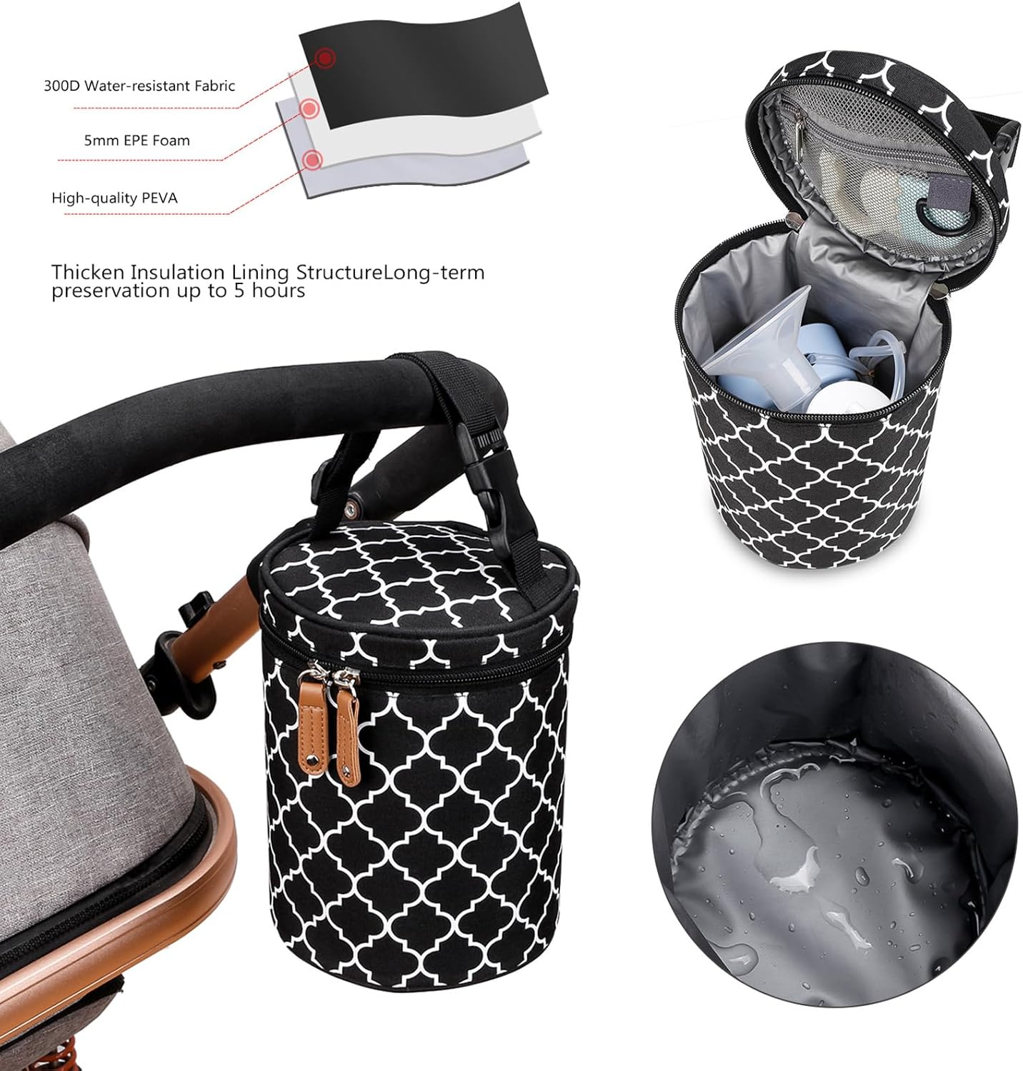 Insulated Baby Bottle Thermal Bag, Portable Breast Milk Cooler Bag Fits 4 Baby Bottles with Ice Pack & Shoulder Strap, Tote Storage Bag Portable Milk Bottle Holder & Carrier (Black & Grey)
