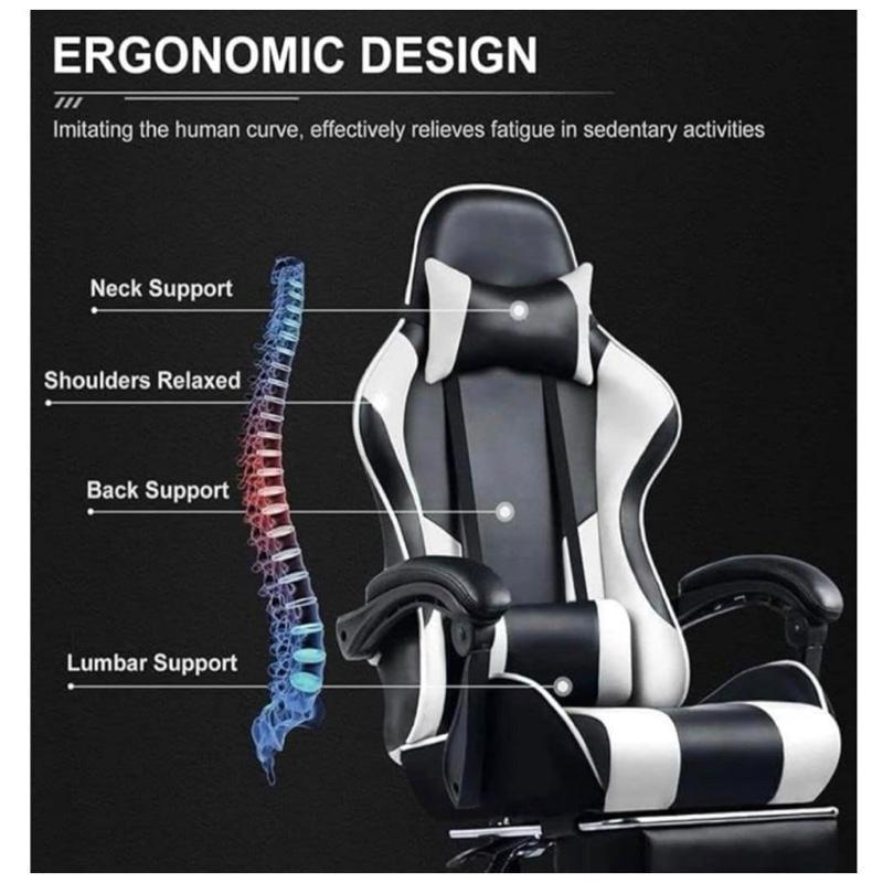 Ergonomic Gaming Chair with Footrest, High Back Racing Style Recliner, PU Leather Computer Chair with 360° Swivel, Adjustable Backrest, Lumbar Support & Headrest Pillow, Durable Comfort for Adults