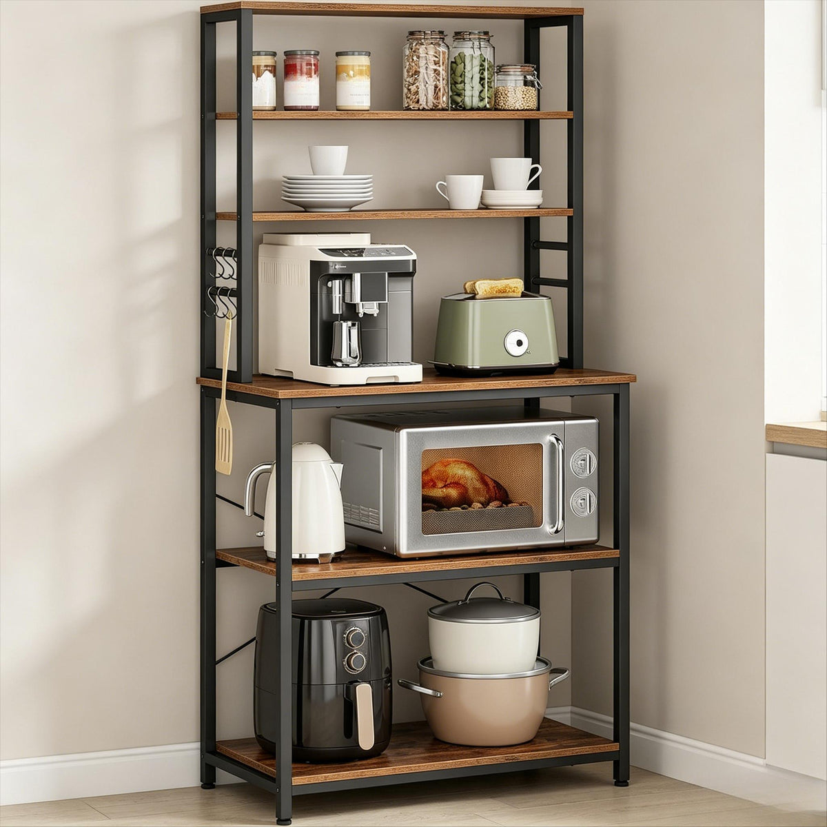 6‑Tier Heavy‑Duty Baker’s Rack with 6 Hooks, Freestanding Microwave Coffee Bar Storage Organizer for Kitchen Pantry Countertop