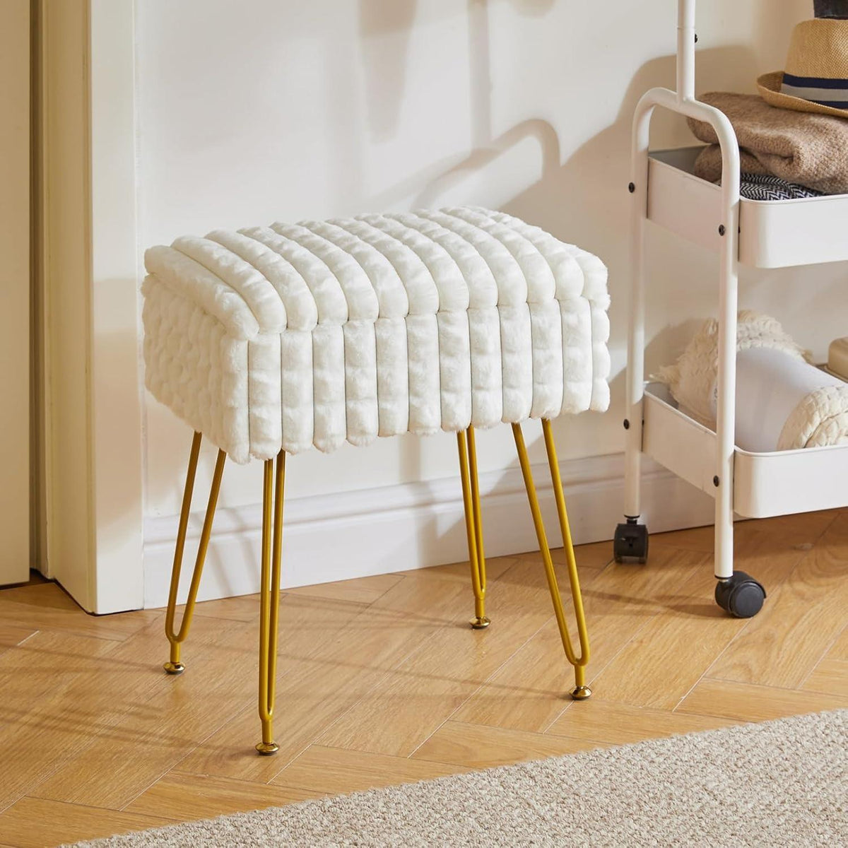 White Rectangular Vanity Chair with Storage – Ottoman Footrest Stool with Anti-Slip Feet & Square Grid Design, Perfect for Bedroom and Makeup Room