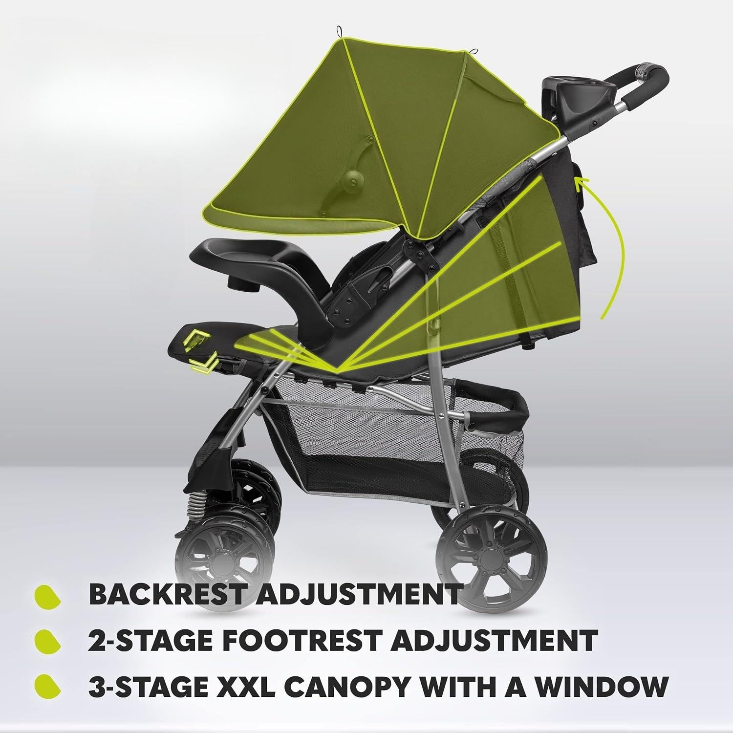 Foldable Lightweight Travel Baby Stroller, Compact City Stroller for Toddlers 6‑36 Months (Max 15kg), Reclining Lie‑Flat Seat with Adjustable Footrest, XXL All‑Weather Canopy, 5‑Point Harness & Shock‑Absorbing Wheels, Storage Basket, Detachable Tray and P