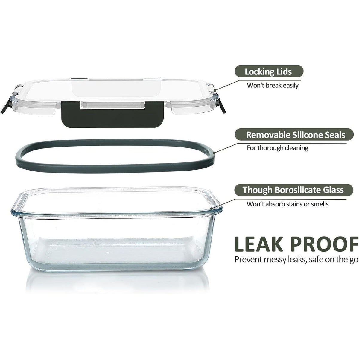 Glass Meal Prep Containers with Lids 1040ml Airtight Glass Food Storage Containers, Set of 5