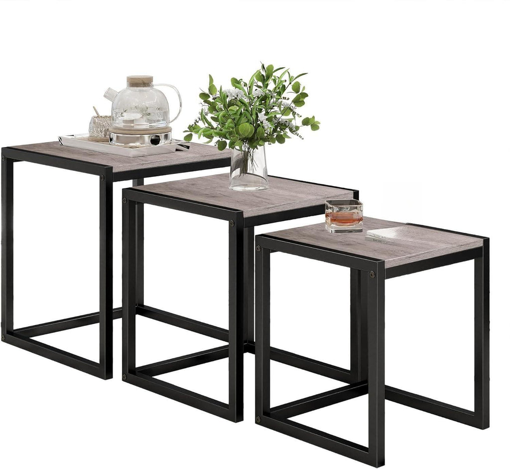 Nesting Coffee Table - Industrial Square End Tables with Metal Frame for Living Room, Bedroom & Office, Brown