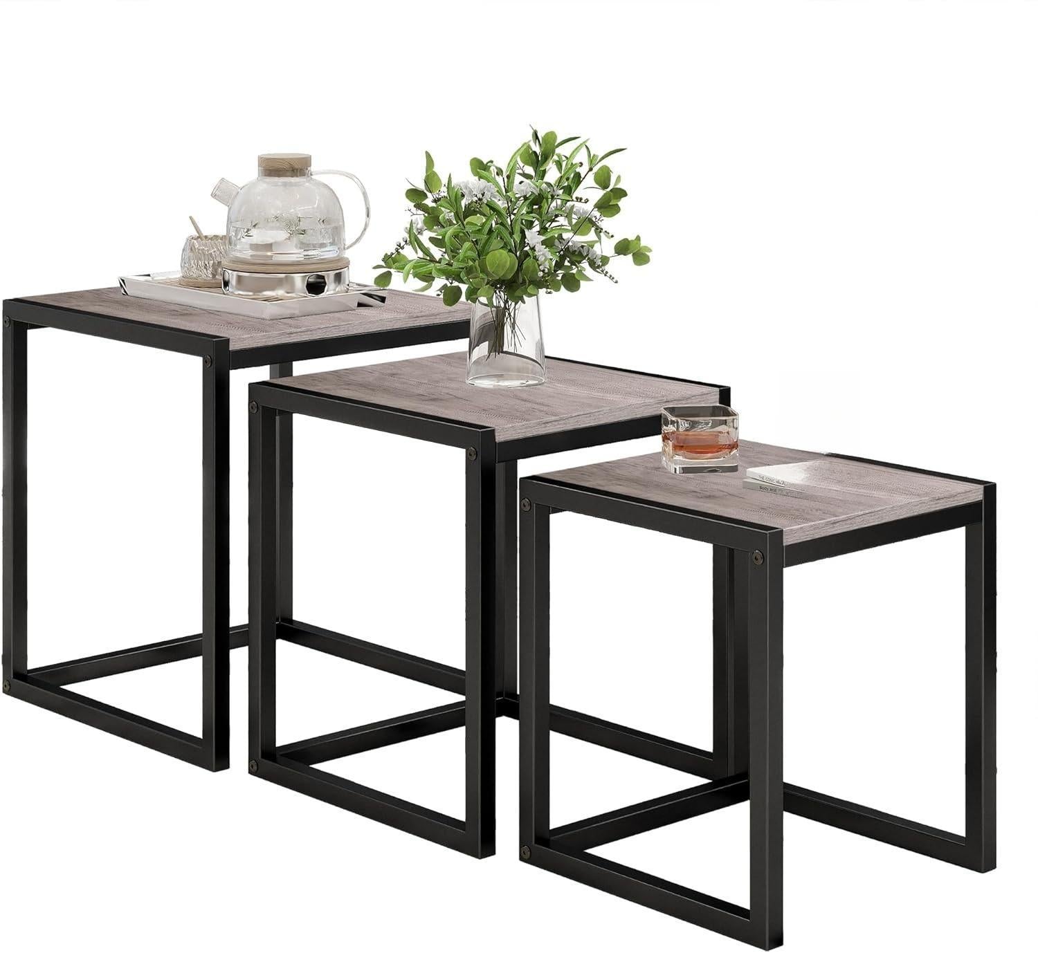 Nesting Coffee Table - Industrial Square End Tables with Metal Frame for Living Room, Bedroom & Office, Brown