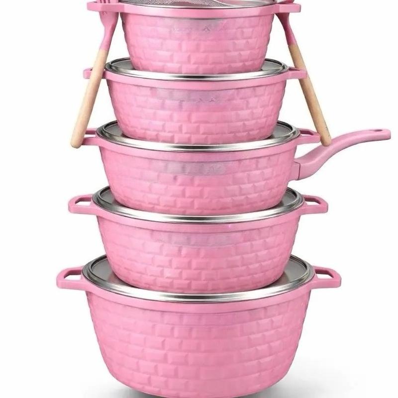 5‑Piece Die‑Cast Non‑Stick Cookware Set, Kitchen Pots and Pans Set‑Including 20/24/28/32cm Casserole Stock Pots & 28cm Frying Pan with 2 Cooking Spoons, Compatible with Induction, Gas & Electric Stovetops
