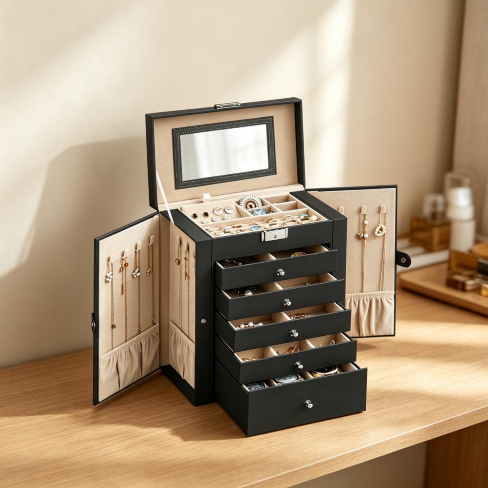 Large 6-Tier Jewellery Organiser with Lock and Mirror, 5-Drawer Watch and Accessory Storage Box, Vanity Case for Necklaces Rings Bracelets Earrings [Plus A Free Gift]