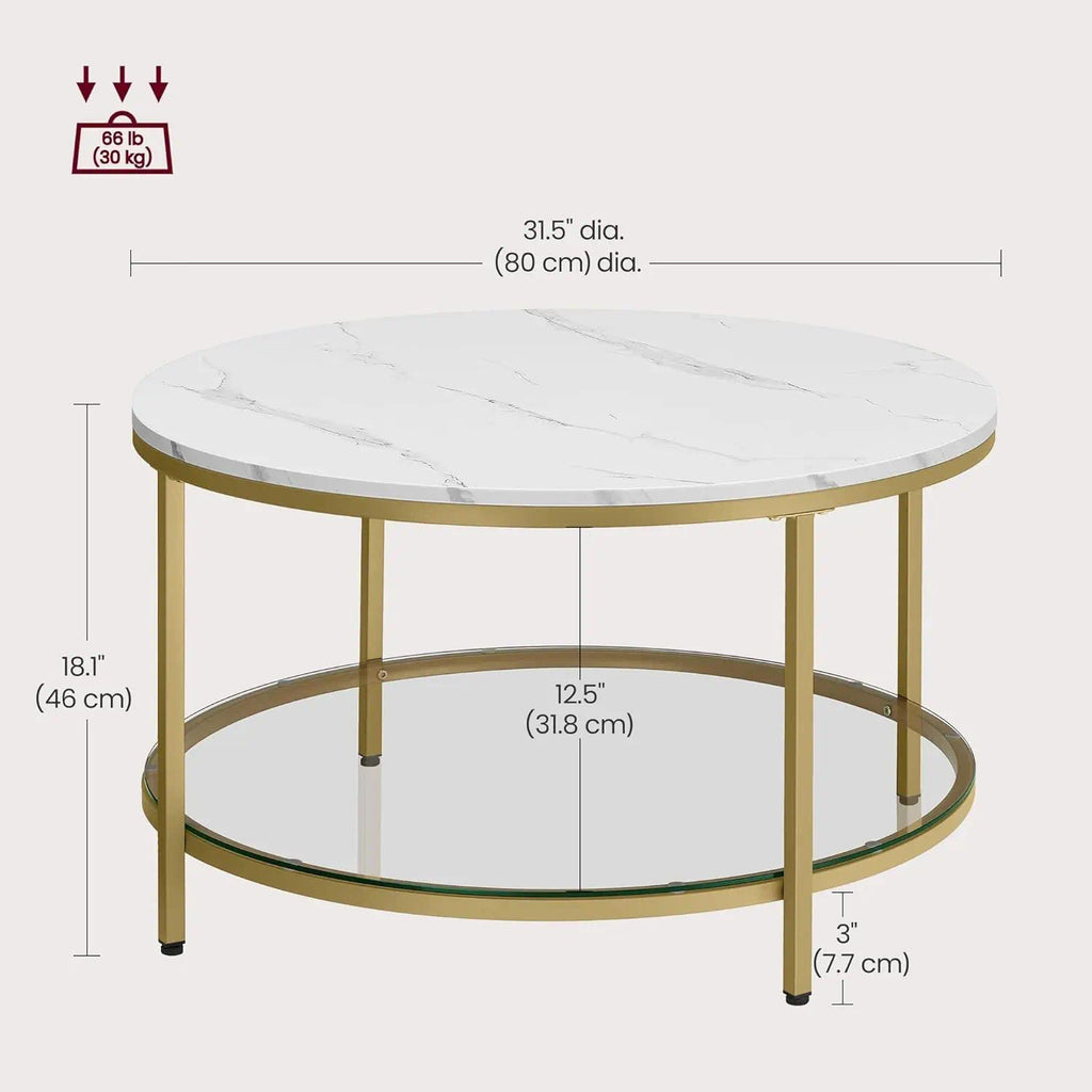 Coffee Table, Living Room Table, Sofa Cocktail Table Faux Marble Round, Tempered Glass Storage Shelf, Easy to Assemble, Modern Style, for Living Room