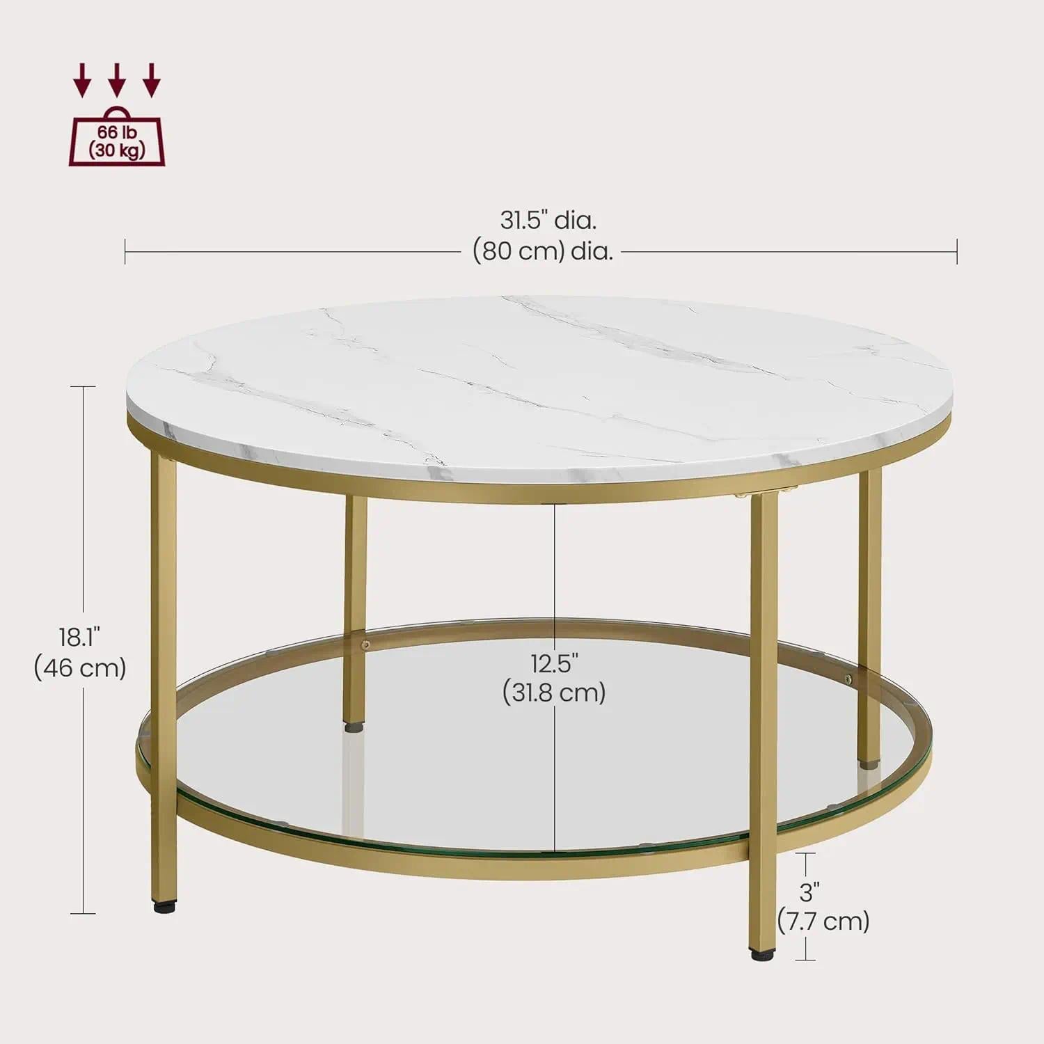 Coffee Table, Living Room Table, Sofa Cocktail Table Faux Marble Round, Tempered Glass Storage Shelf, Easy to Assemble, Modern Style, for Living Room