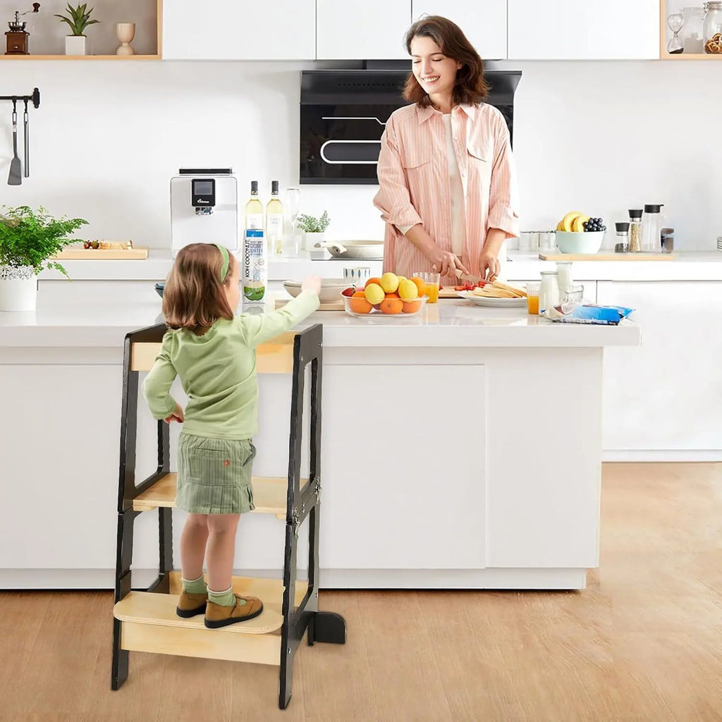 3-in-1 Toddler Learning Tower Step Stool & Mini Desk with Safety Rail and Black & Whiteboard for Kitchen Counter