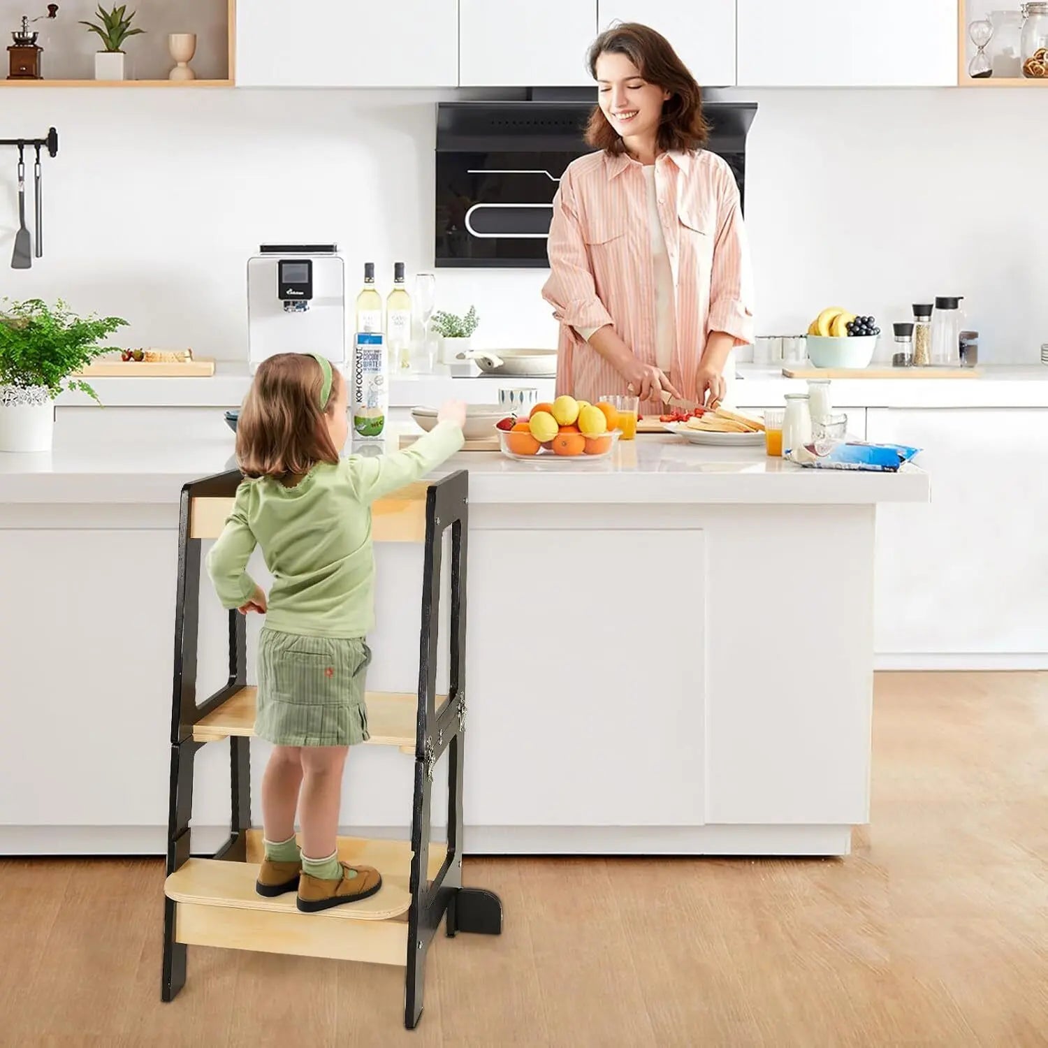 3-in-1 Toddler Learning Tower Step Stool & Mini Desk with Safety Rail and Black & Whiteboard for Kitchen Counter