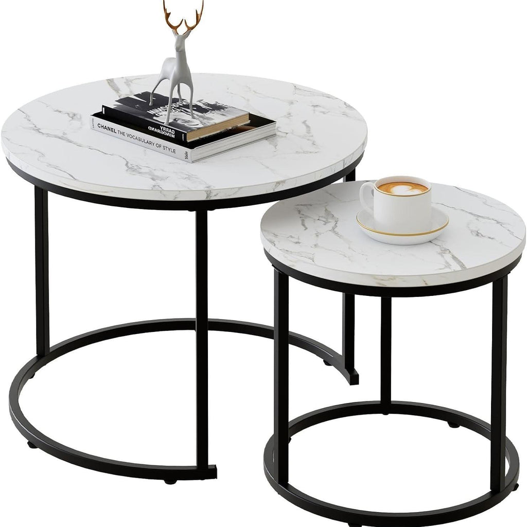Marble Nesting Coffee Table Set for Living Room, Round Metal Frame Center & End Tables for Small Space, Bedroom, White & Black, 60x50cm