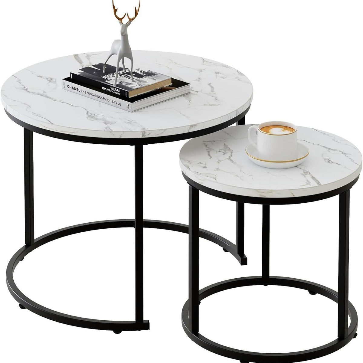 Marble Nesting Coffee Table Set for Living Room, Round Metal Frame Center & End Tables for Small Space, Bedroom, White & Black, 60x50cm