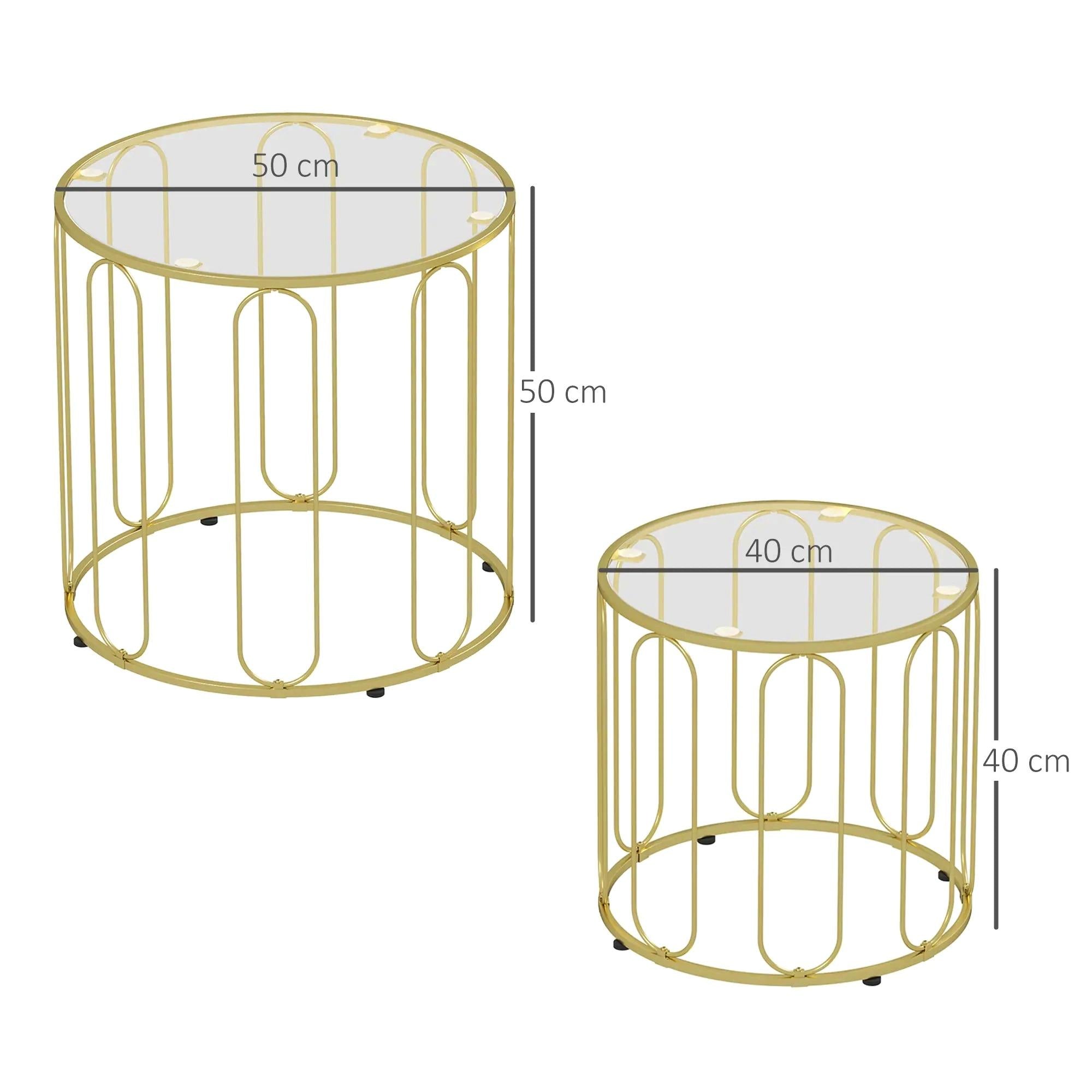 2‑Piece Nesting Coffee Table Set, Round Tempered Glass Side Tables, Gold Tone Sturdy Metal Frame Stacking Tea Table, Modern Decor Nest of Tables for Living Room Bedroom Office Small SpacesW