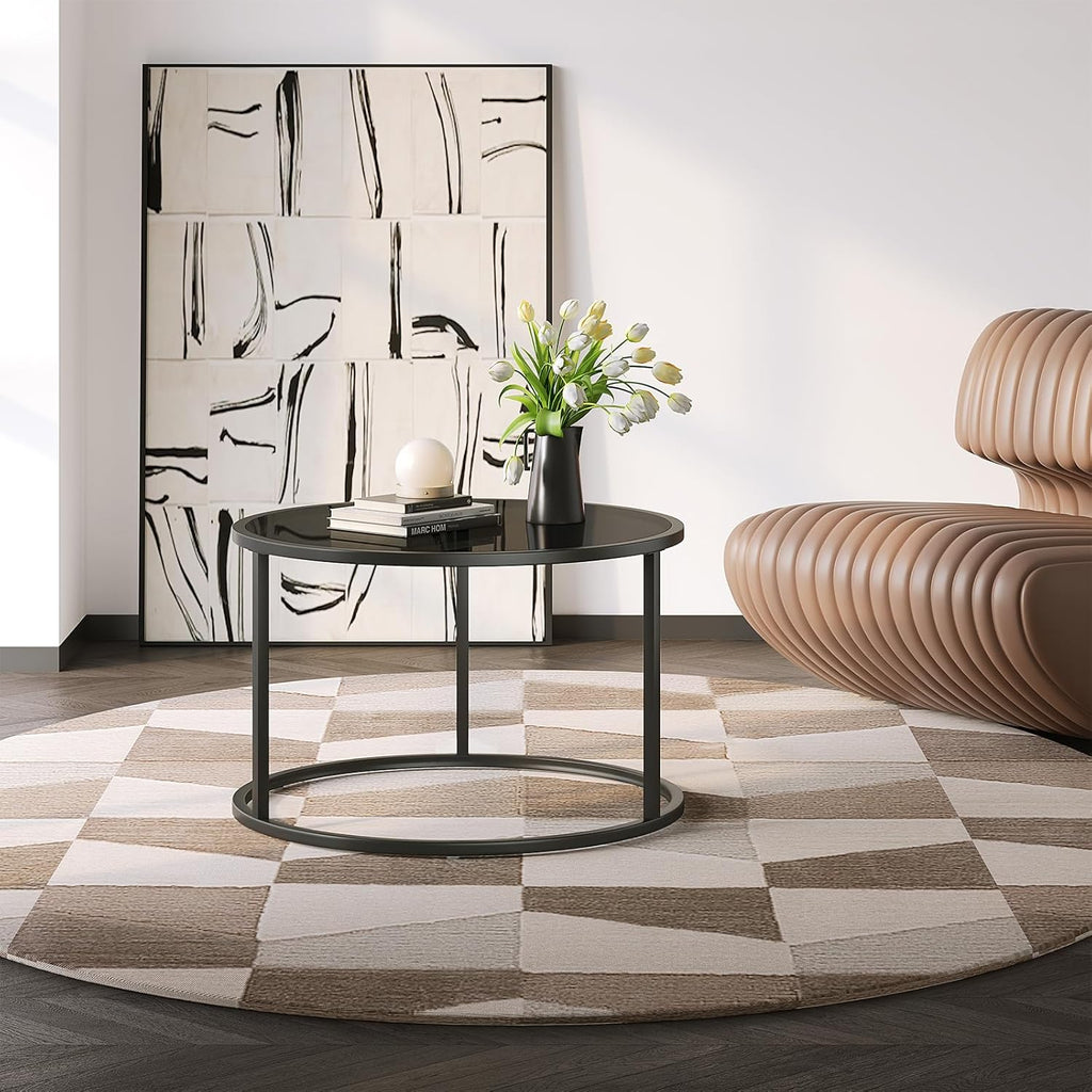 【NS】Glass Coffee Table Small Round Coffee Tables 70cm Modern Tempered Glass-Top Accent Center Table for Living Room Home Office Small Space Easy Assembly, Black
