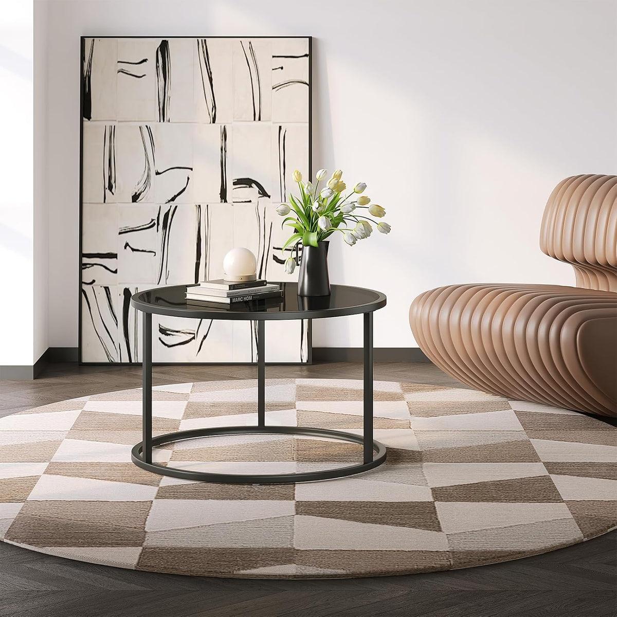 【NS】Glass Coffee Table Small Round Coffee Tables 70cm Modern Tempered Glass-Top Accent Center Table for Living Room Home Office Small Space Easy Assembly, Black