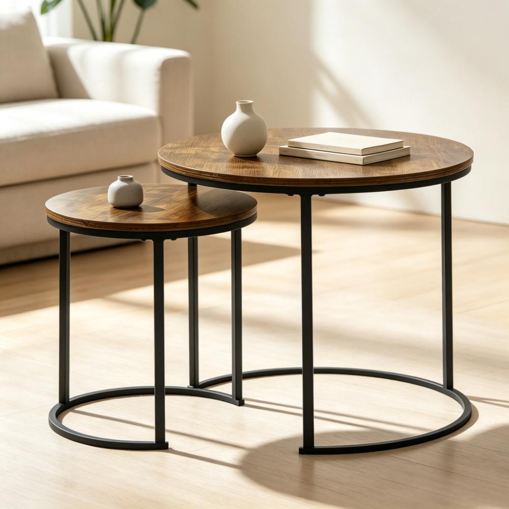 Grey Round Nesting Coffee Tables Set of 2, Faux Wood Grain Top, Scratch & Water Resistant, Sturdy Iron Frame, 40kg Load Capacity, Space-Saving Design for Living Room [Plus A Free Gift]