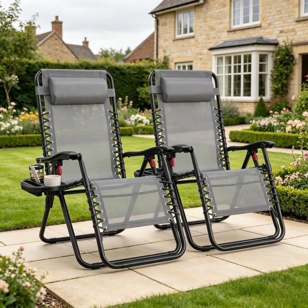 Zero Gravity Reclining Chairs Set of 2, Folding Sun Loungers with Tray, Adjustable Headrest, 110kg Capacity Each, Outdoor Patio Garden Furniture [Plus A Free Gift]