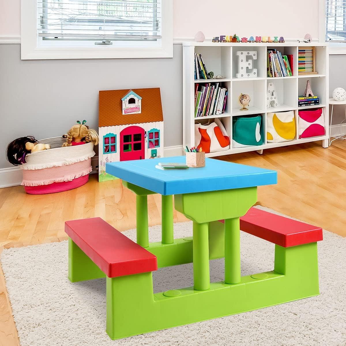 Kids Outdoor Picnic Table with Detachable Adjustable Umbrella, 4-Seater PP Plastic Table & Bench Set, Indoor Backyard Garden Activity Play Furniture for Boys and Girls