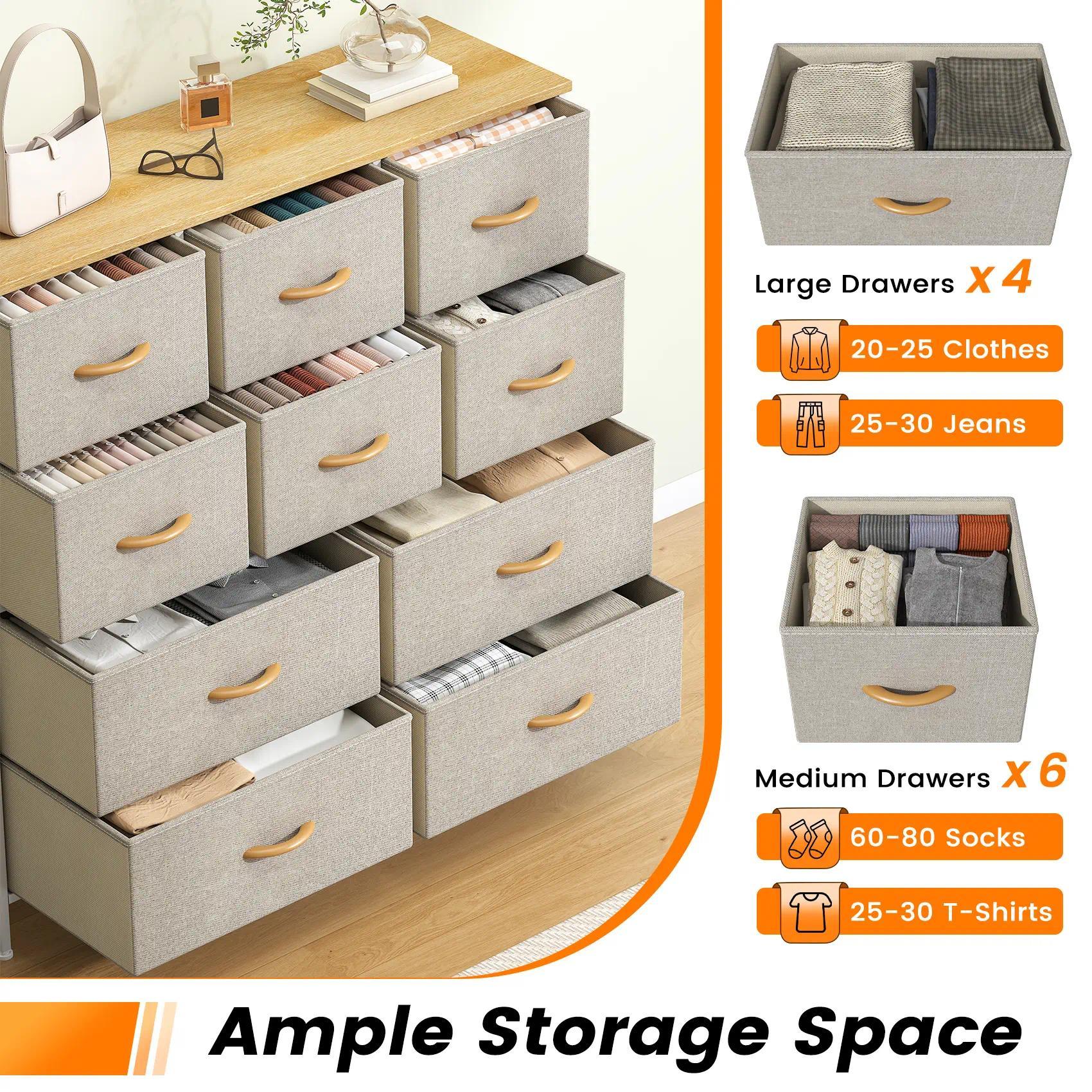 `10‑Drawer Fabric Storage Tower Dresser, Anti‑Tip Safe Chest of Drawers with MDF Wooden Top & Robust Metal Frame, Versatile Organizer Unit for Bedroom, Living Room & Home Office`